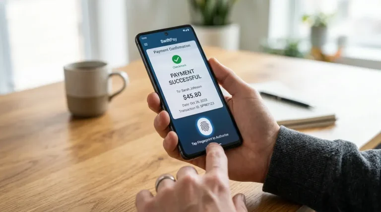 Smartphone s otvoreným mobilným bankingom pri biometrickom potvrdení platby