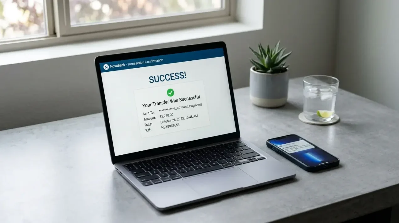 Notebook s otvoreným internet bankingom a smartphone vedľa pri prevode peňazí