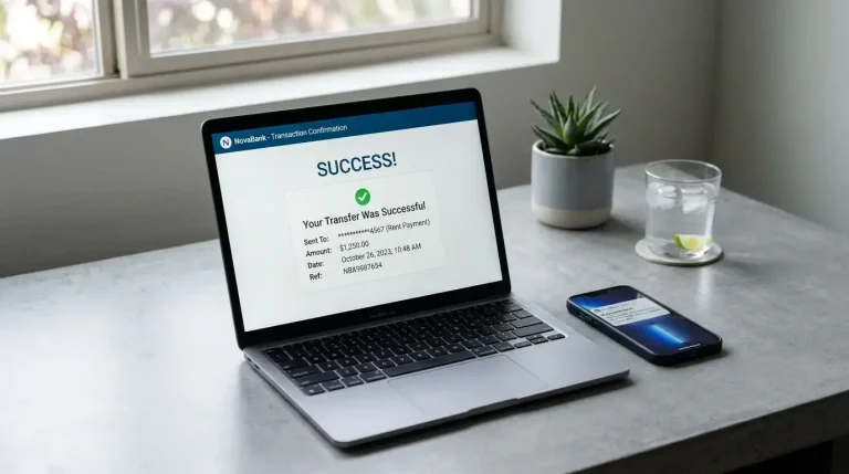 Notebook s otvoreným internet bankingom a smartphone vedľa pri prevode peňazí
