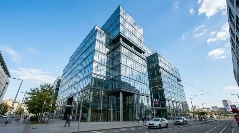 Moderná bratislavská kancelárska budova v ktorej sídlia slovenské fintech spoločnosti