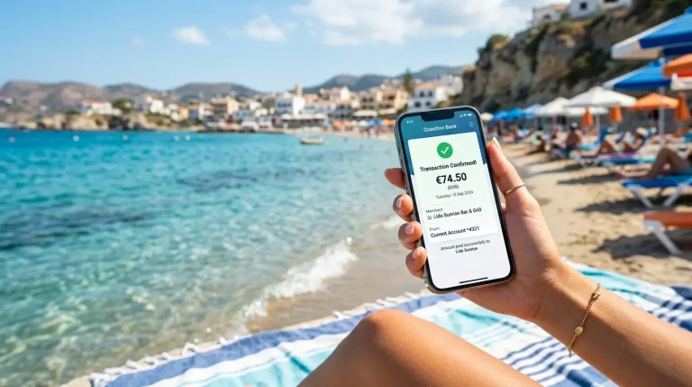 Smartphone s mapou Európy a otvorenou bankovou aplikáciou počas dovolenky pri mori