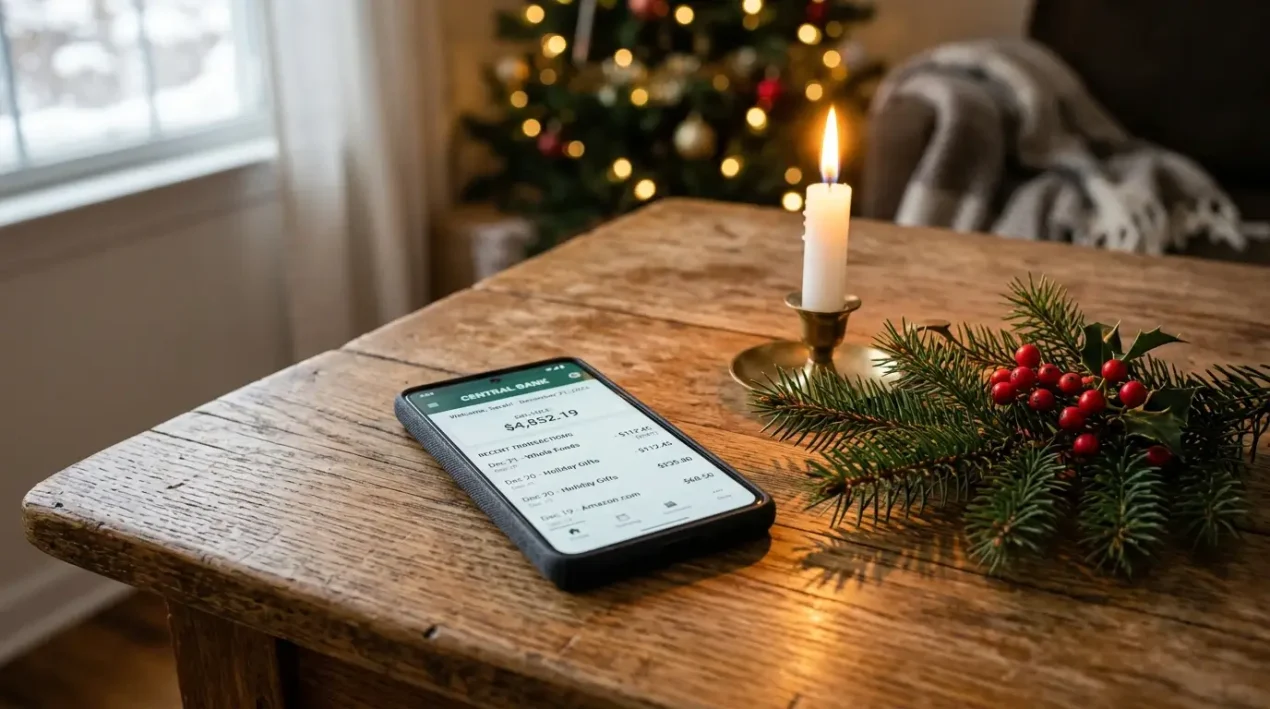 Smartphone s otvoreným bankovým výpisom položený na stole vedľa vianočnej sviečky