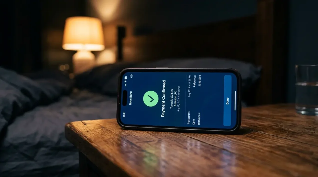 Smartphone s otvoreným bankovým výpisom svietiaci v noci na nočnom stolíku
