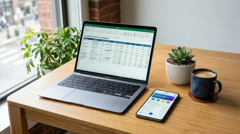 Notebook a smartphone na pracovnom stole pri porovnaní platobných služieb