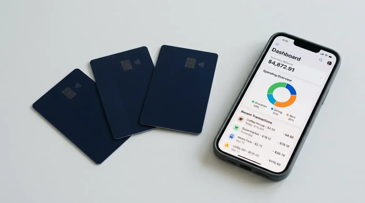 Tri rôzne platobné karty rozložené vedľa smartphonu so zobrazenou bankovou aplikáciou