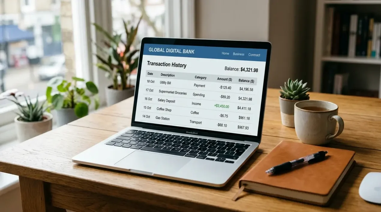 Notebook zobrazujúci bankový výpis s transakciami vo webovom internet bankingu